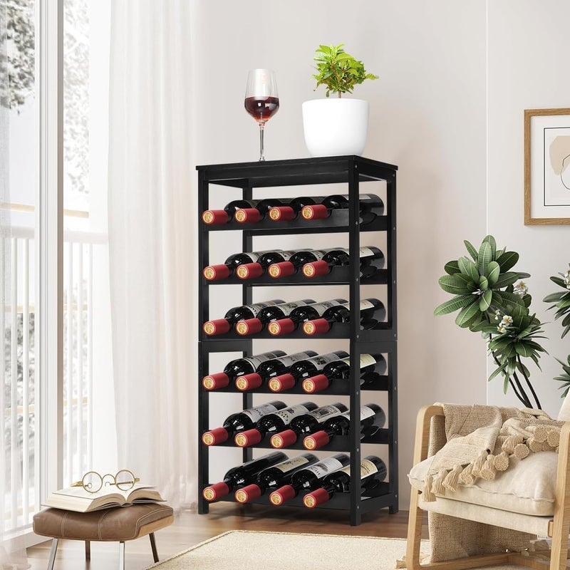 Homevany Wine Rack 24-Botttle Freestanding Floor, 6-Tier Wine Rack Shelf with Table Top, Bamboo Display Wine Storage Shelves Kitchen Bar Dining Room Living Room, Black - Image 3